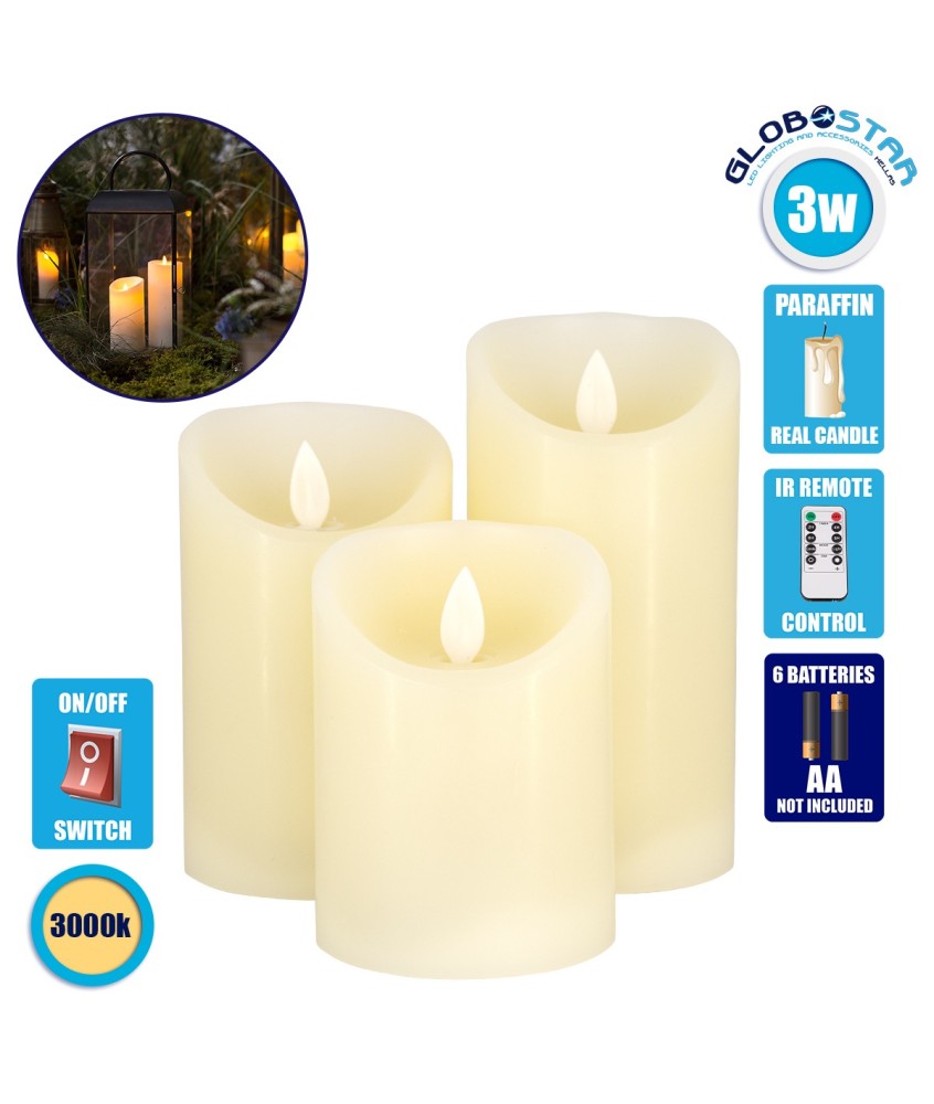 GLOBOSTAR® EVERFLAME 79555 Διακοσμητικό Κερί Παραφίνης με IR Ασύρματο Χειριστήριο LED 0.5W 30lm 120° DC 3.2V με 2xAA Μπαταρίες IP20 Θερμό Λευκό 2700K Dimmable - Μ7.5 x Π7.5 x Υ15cm - Πακέτο 3 Τεμαχίων - 1 Χρόνο Εγγύηση